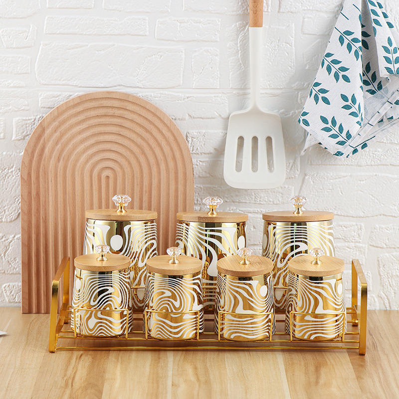 Canister Coffee Sugar Tea - Zestaw 7 kolorowych, szkliwionych, ceramicznych pojemników